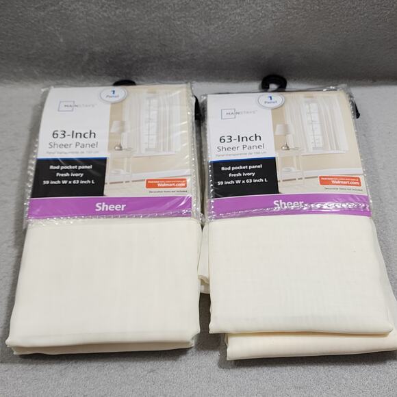 Mainstays 63-Inch x2 Fresh Ivory Sheer Rod Pocket Panel Curtains  59"Wx63"L NIP - Picture 1 of 5